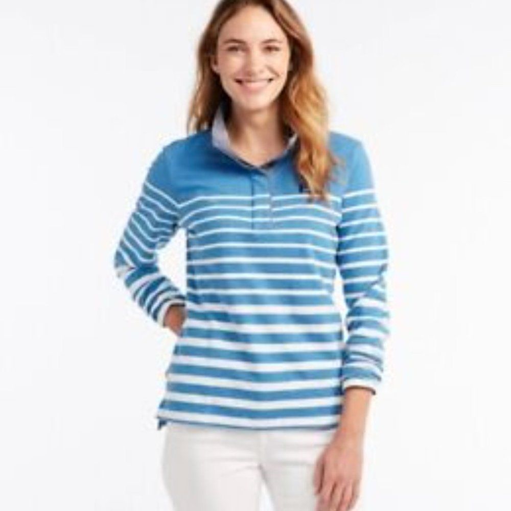 LL Bean Shirt Womens Large Blue White Striped Rugby Soft Cotton Henley Pullover